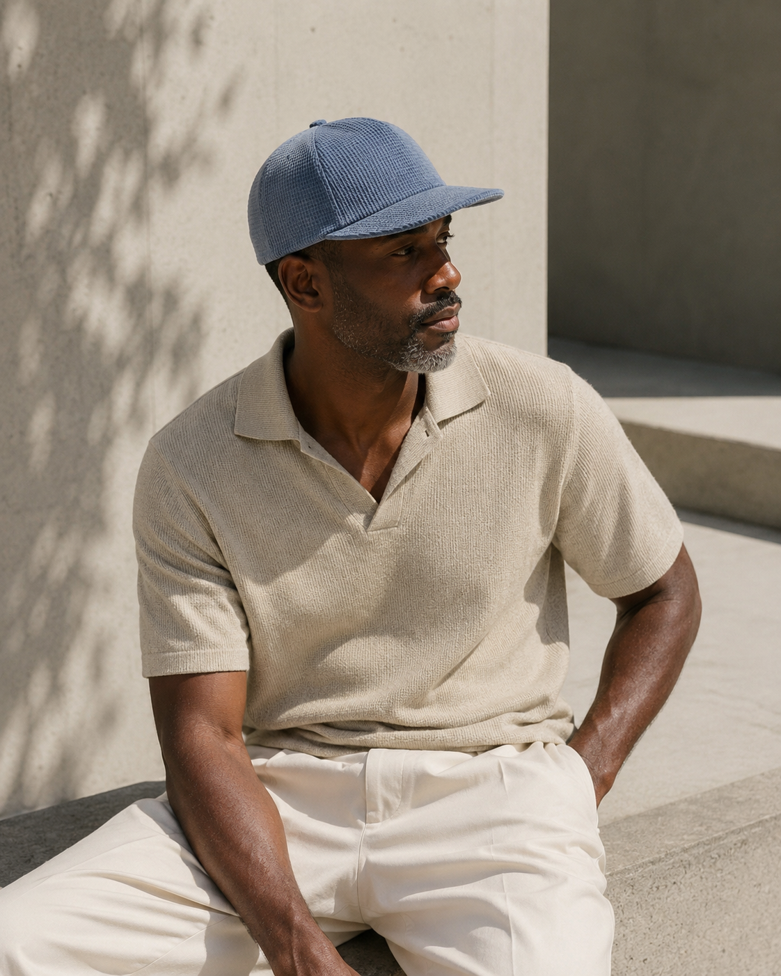 Man wearing a blue cap and beige shirt sitting against a light-colored wall.
