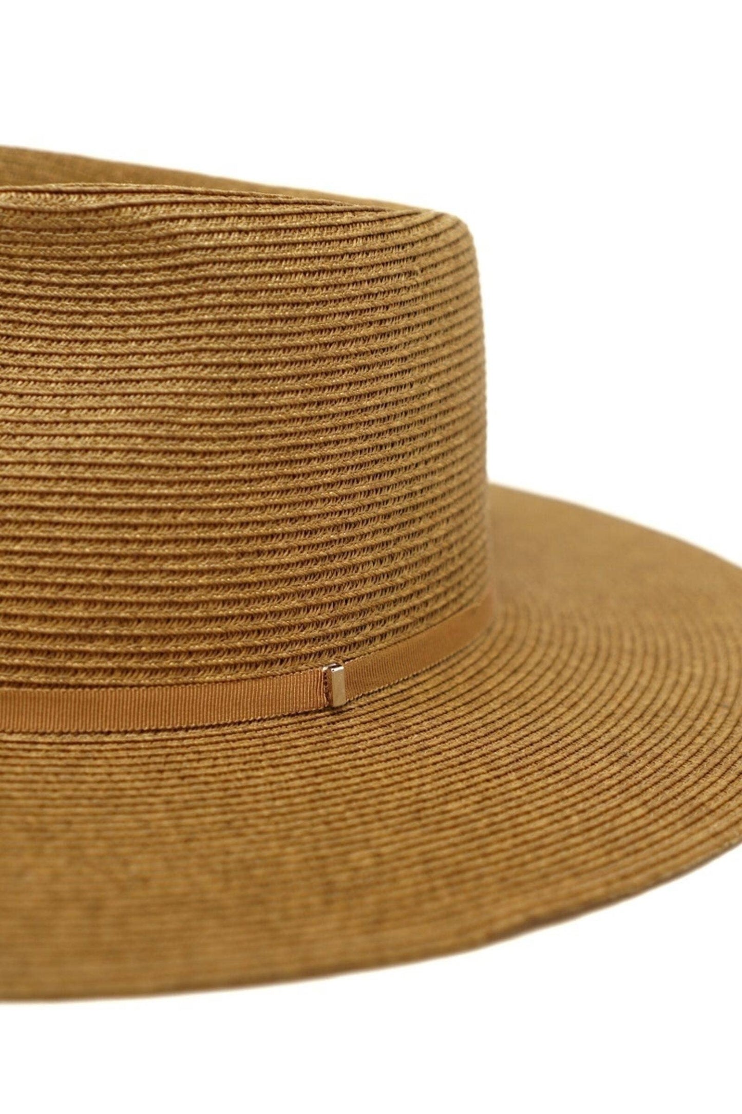 Brown straw hat with a wide brim on a white background
