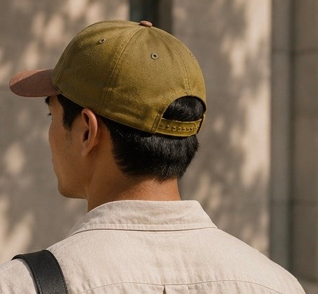Person wearing a green cap and beige shirt against a neutral background