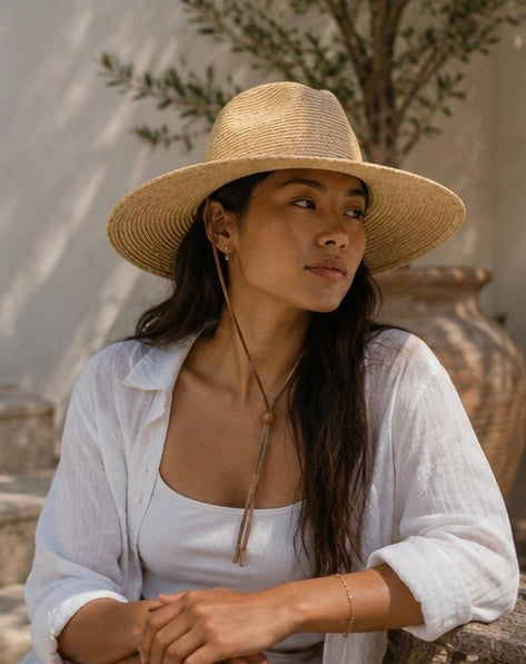 Woman wearing a straw hat and white shirt sitting outdoors.