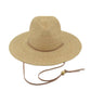 Beige straw hat with a wide brim and tie on a white background