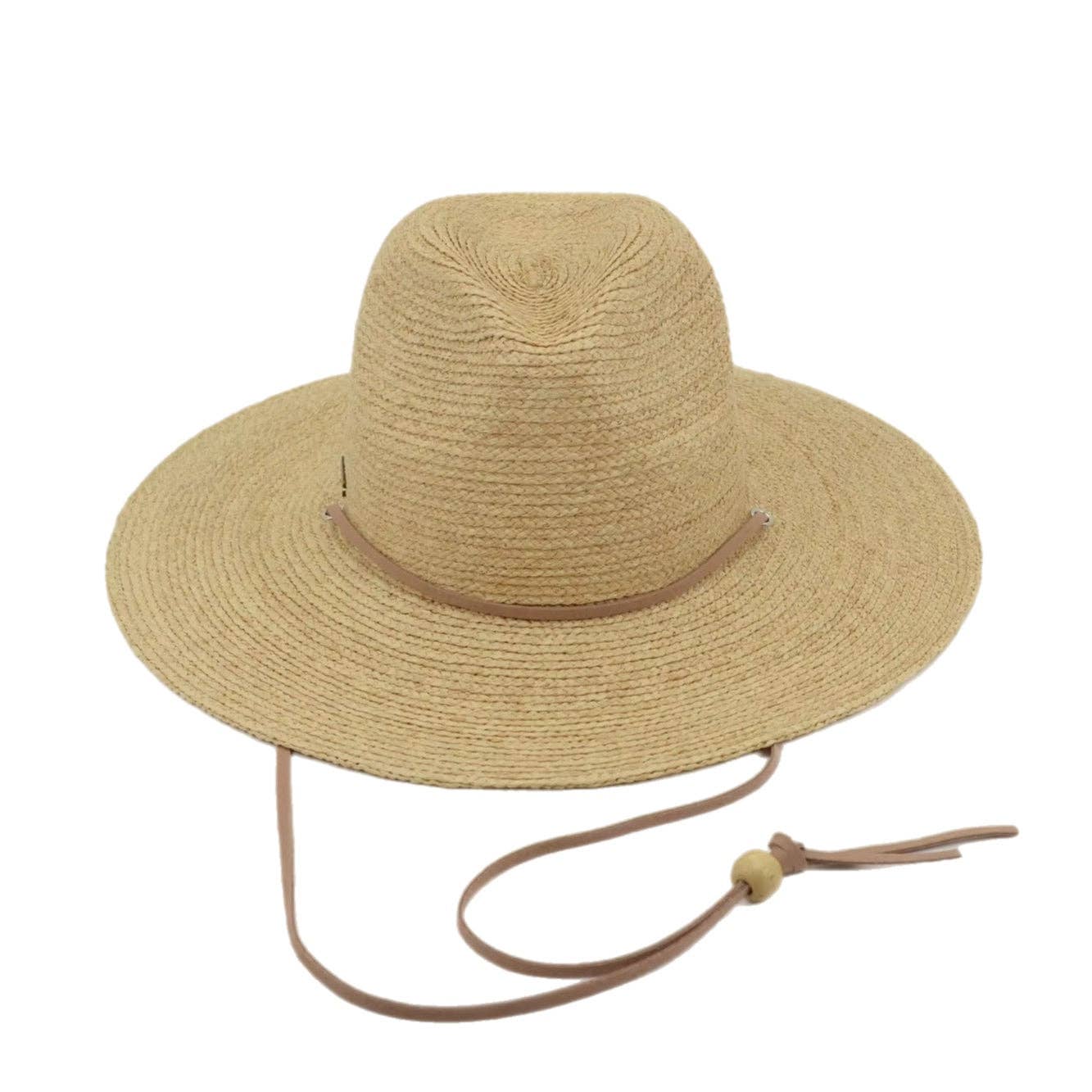 Beige straw hat with a wide brim and tie on a white background