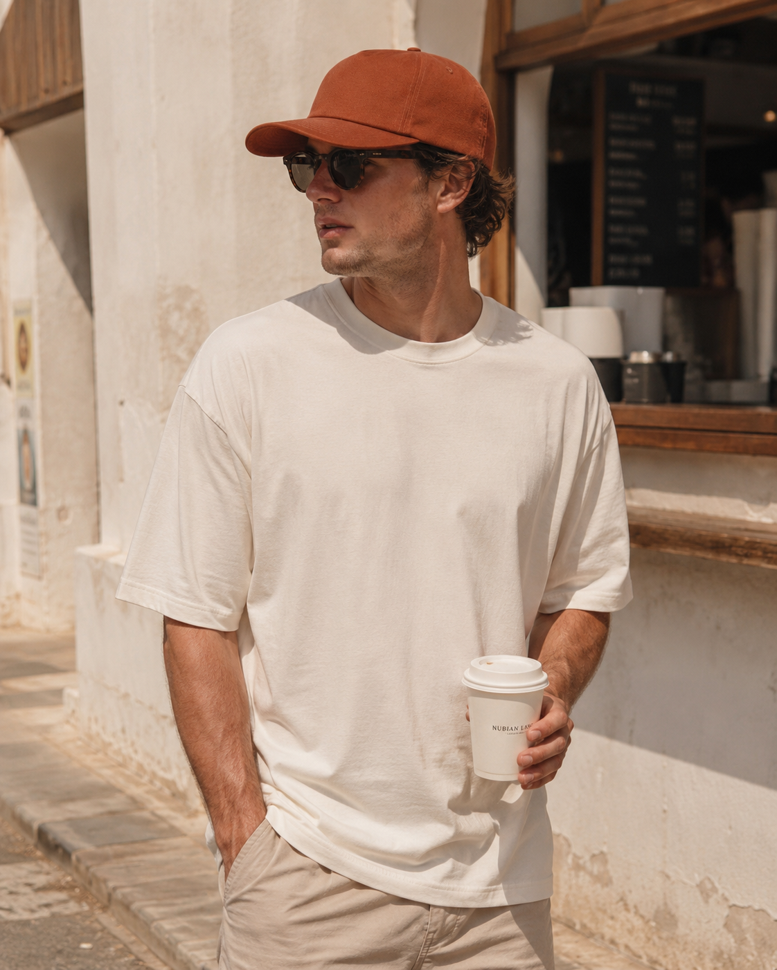 Man wearing a white t-shirt and orange cap, holding a coffee cup outdoors.