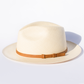 Beige straw hat with a brown band on a light gray background