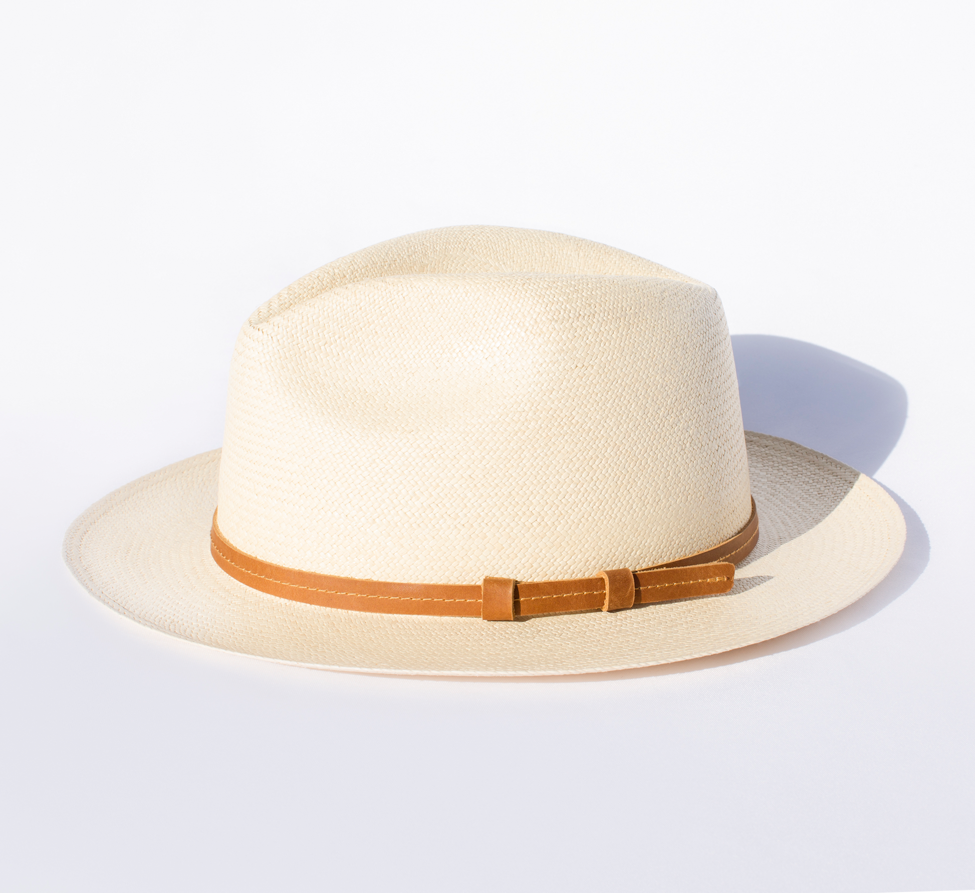 Beige straw hat with a brown band on a light gray background