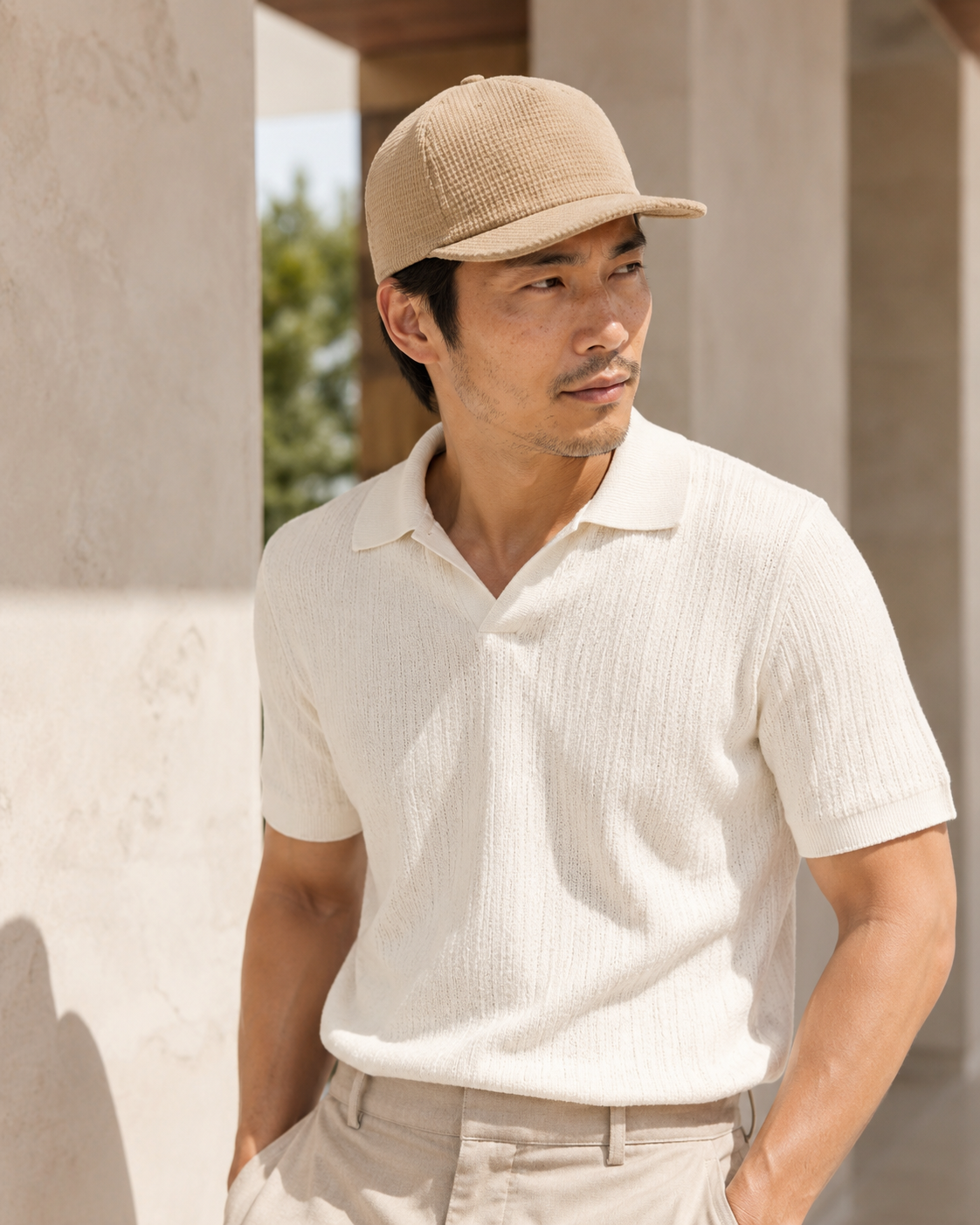 Man wearing a beige cap and white shirt standing outdoors.