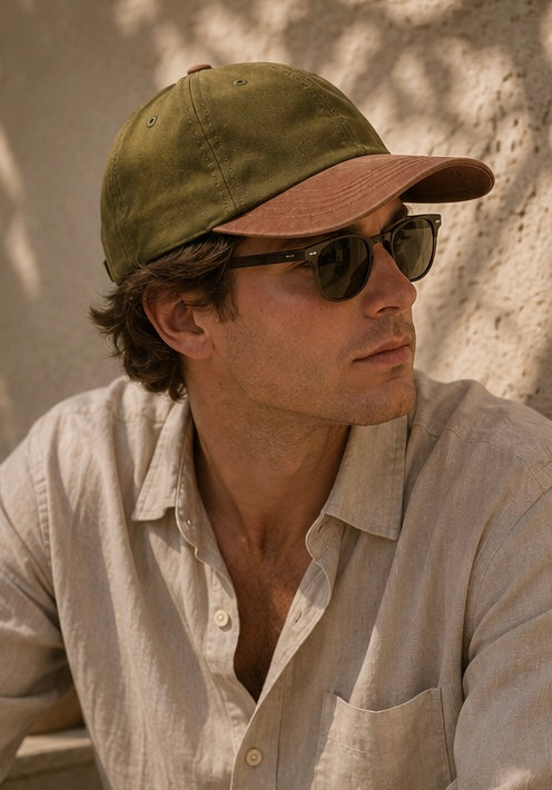 Man wearing a green cap and sunglasses against a neutral background