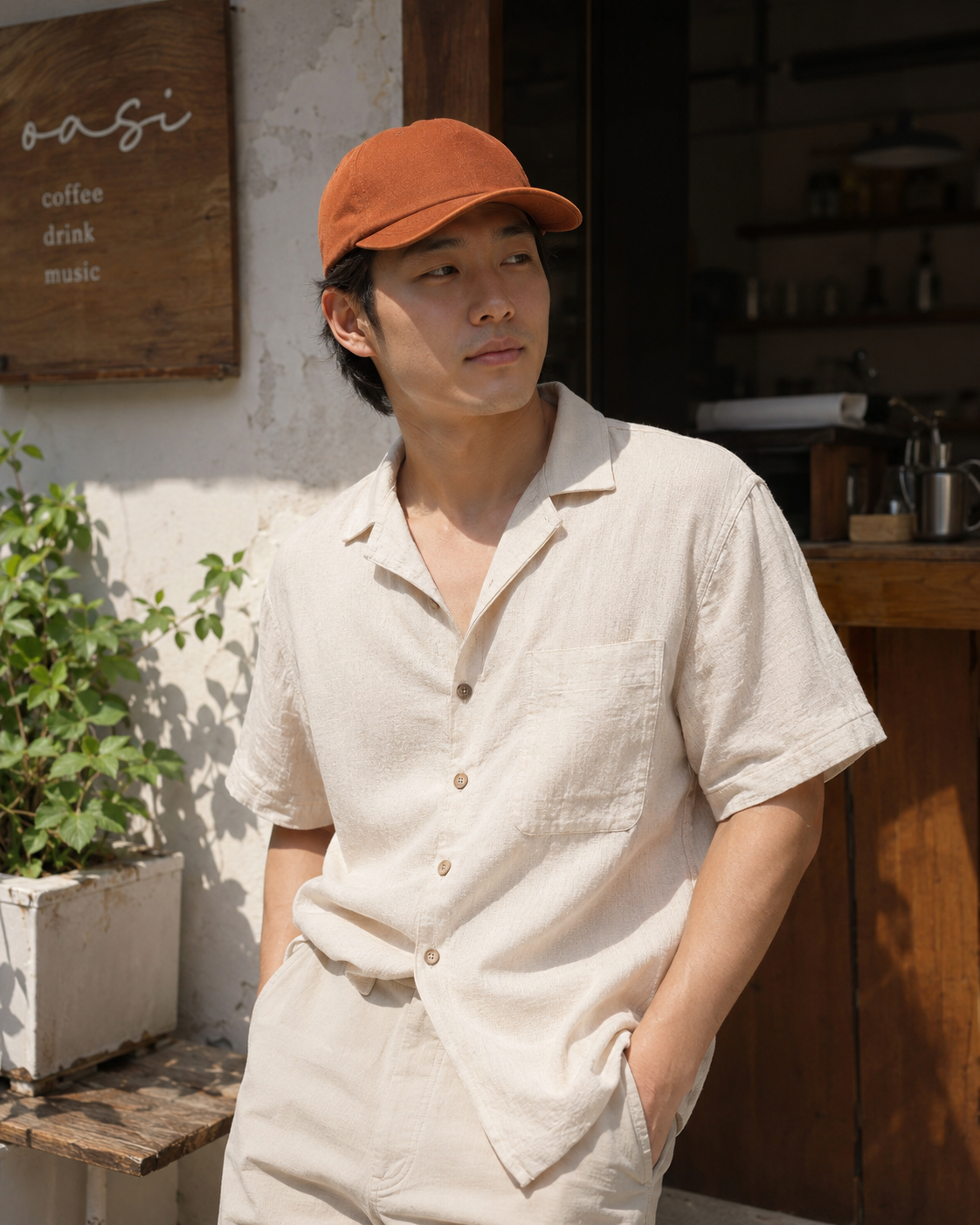 Man wearing an orange cap and beige shirt standing in a casual setting.