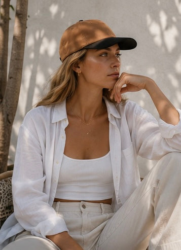 Woman wearing a white shirt, beige pants, and a brown cap sitting outdoors.
