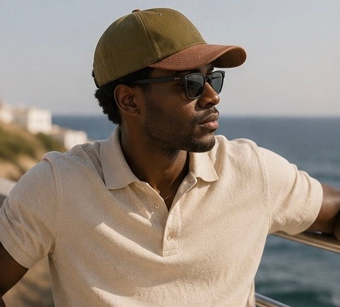 Man wearing a beige polo shirt and green cap with sunglasses, standing by the ocean.