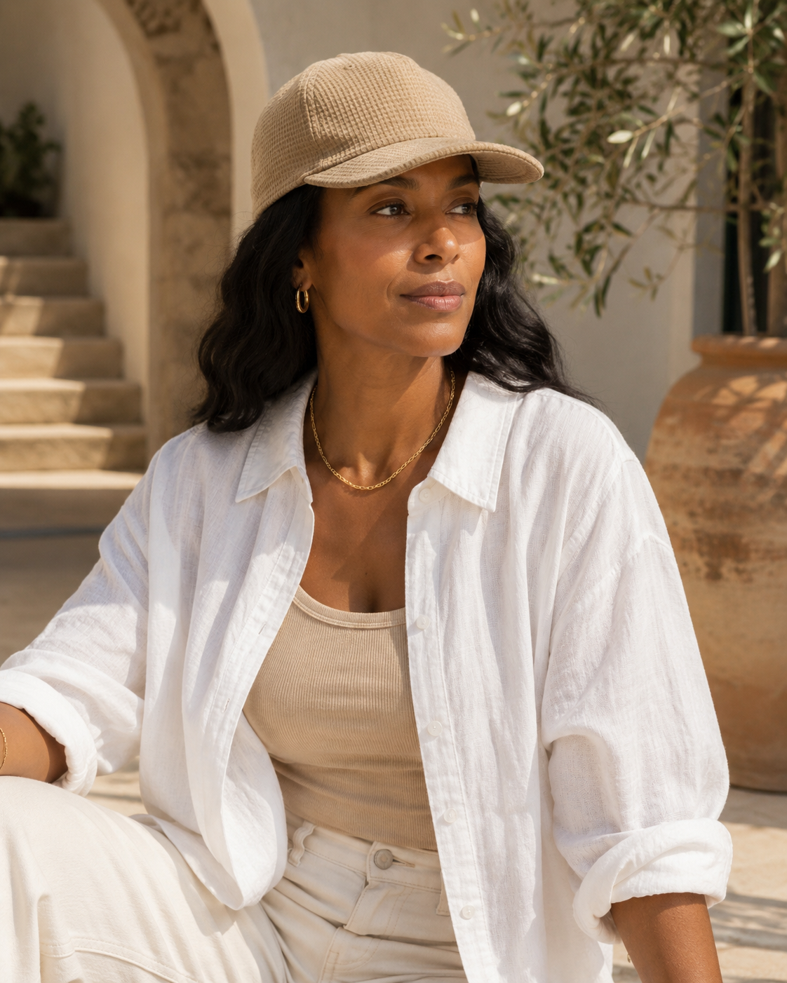 Woman wearing a beige cap and white shirt sitting outdoors.