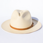 Beige straw hat with a brown band on a light gray background