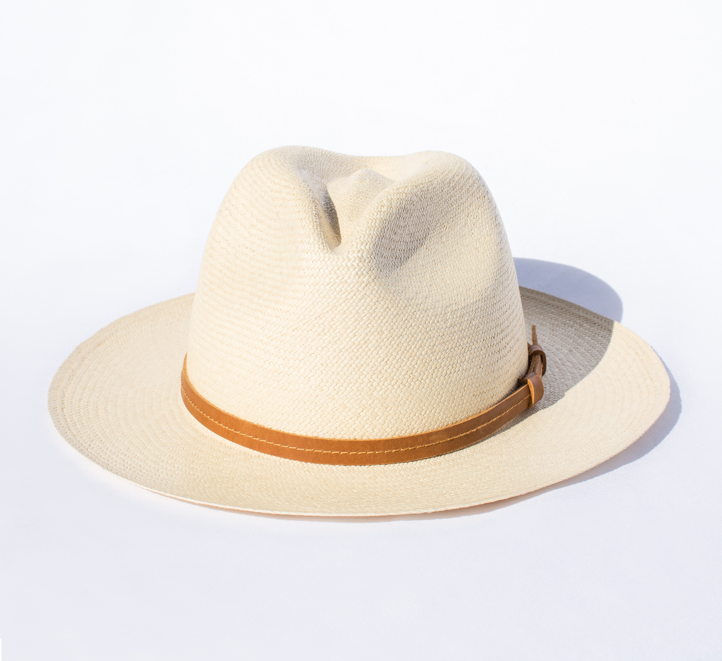 Beige straw hat with a brown band on a light gray background