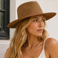 Woman wearing a brown straw hat with a neutral background