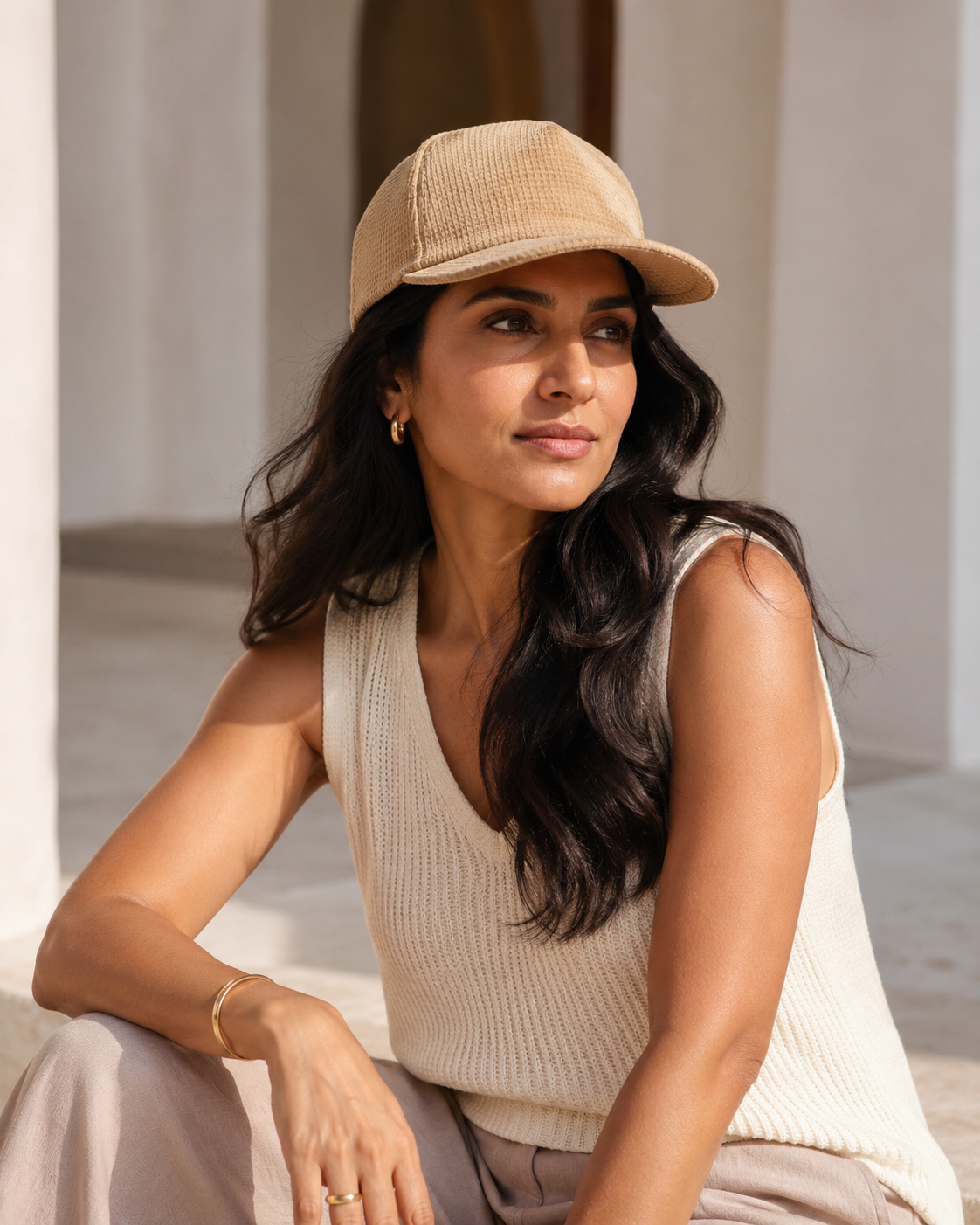Woman wearing a beige cap and sleeveless top sitting outdoors.