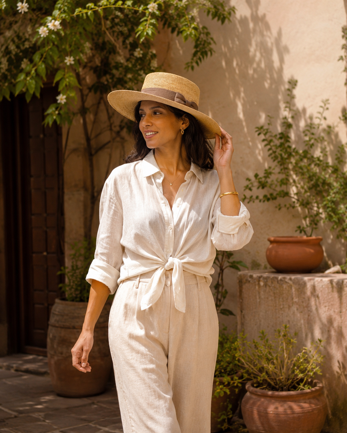 Woman wearing a white shirt and beige pants with a wide-brimmed hat outdoors.