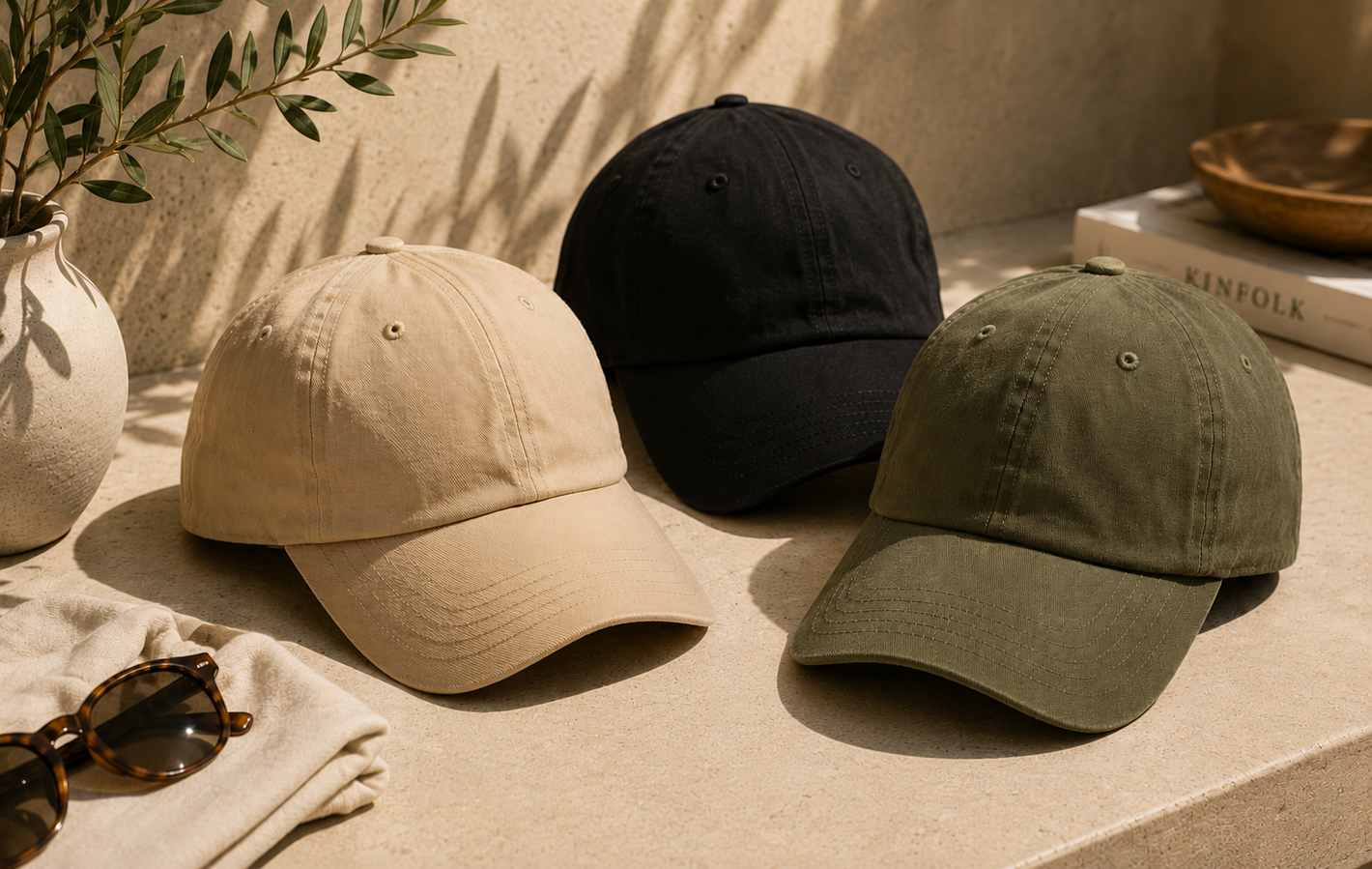 Three baseball caps (beige, black, and green) on a surface with a plant and books in the background.