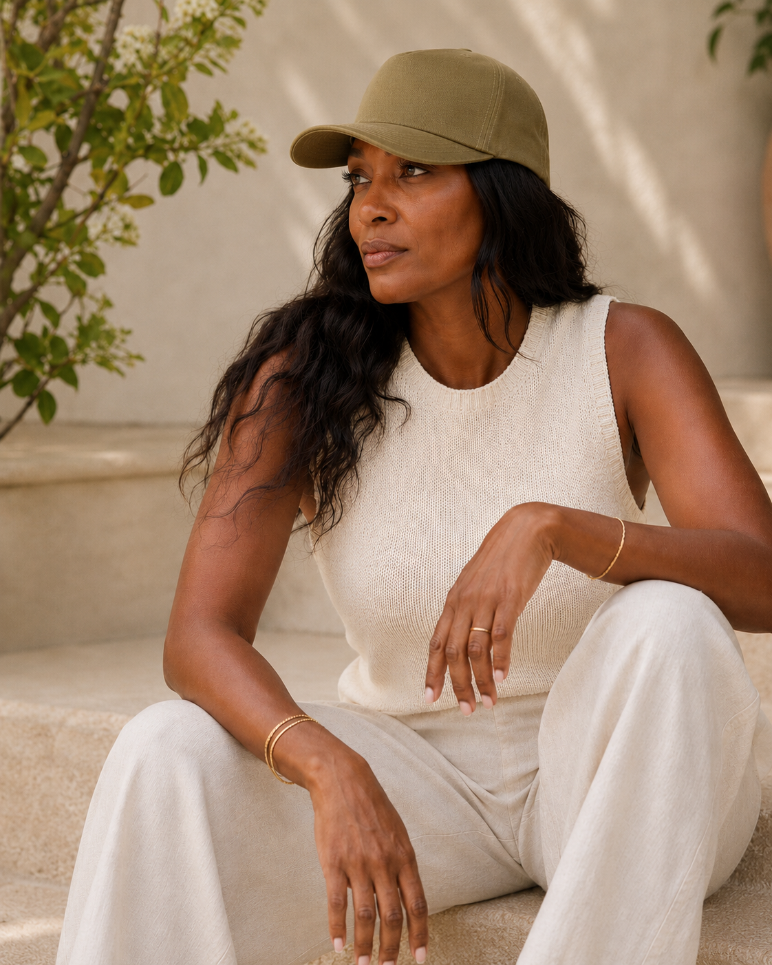 Woman wearing a green cap and white outfit sitting outdoors.