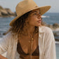 Woman wearing a straw hat and white shirt by the ocean