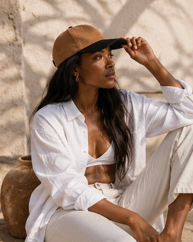 Woman wearing a white shirt and beige pants, sitting outdoors with a brown cap.