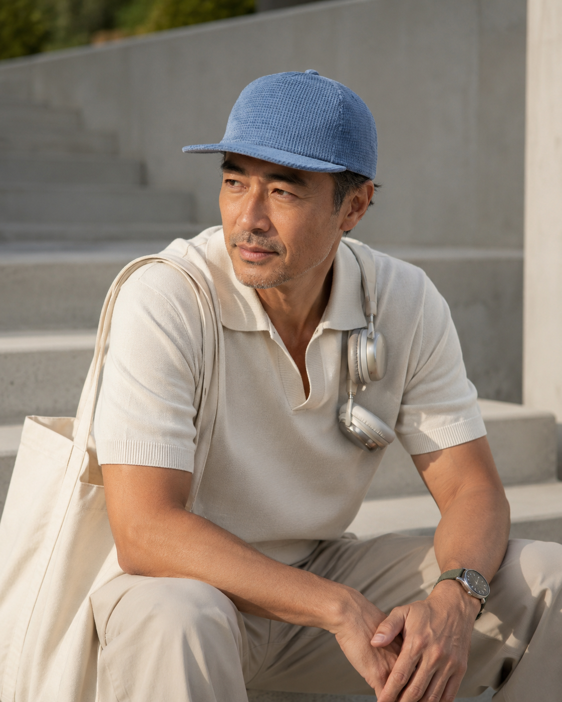 Man sitting outdoors wearing a blue cap and beige outfit with a white bag.