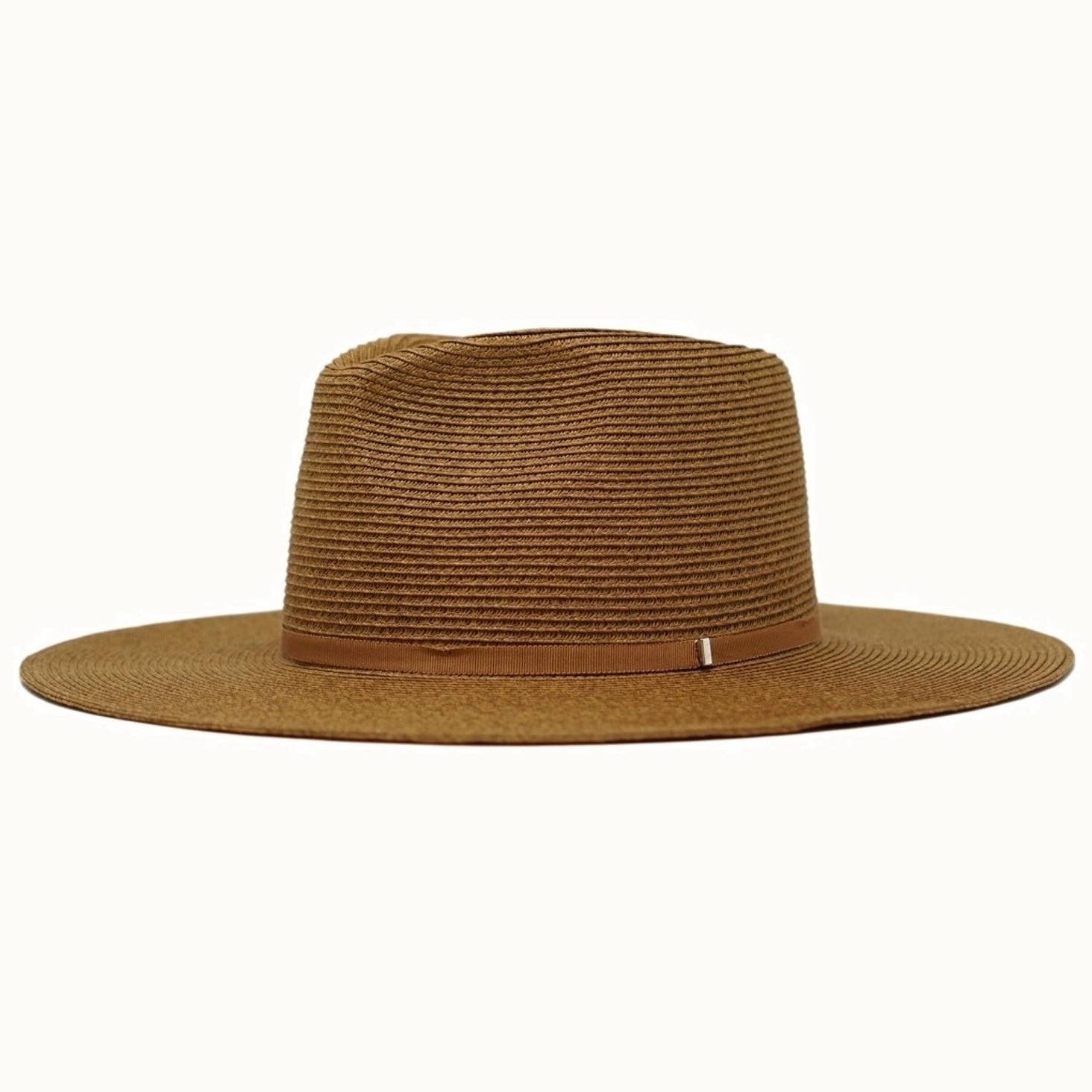 Brown straw hat with a wide brim on a white background