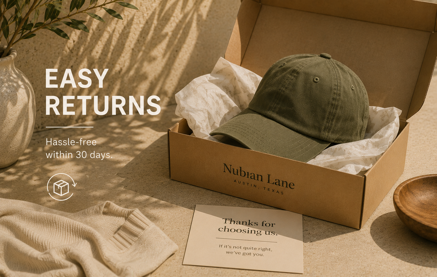 Green cap in a Nubian Lane box with 'Easy Returns' text on a neutral background