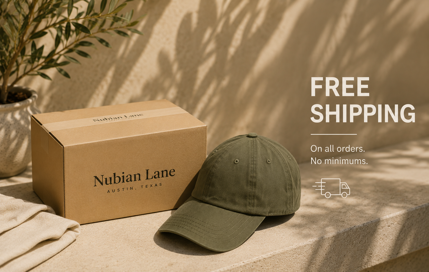 Green cap and Nubian Lane box on a stone surface with free shipping text.