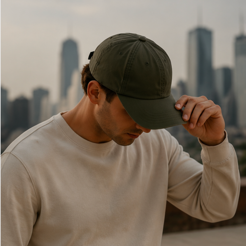Man adjusting a cap with a city skyline in the background