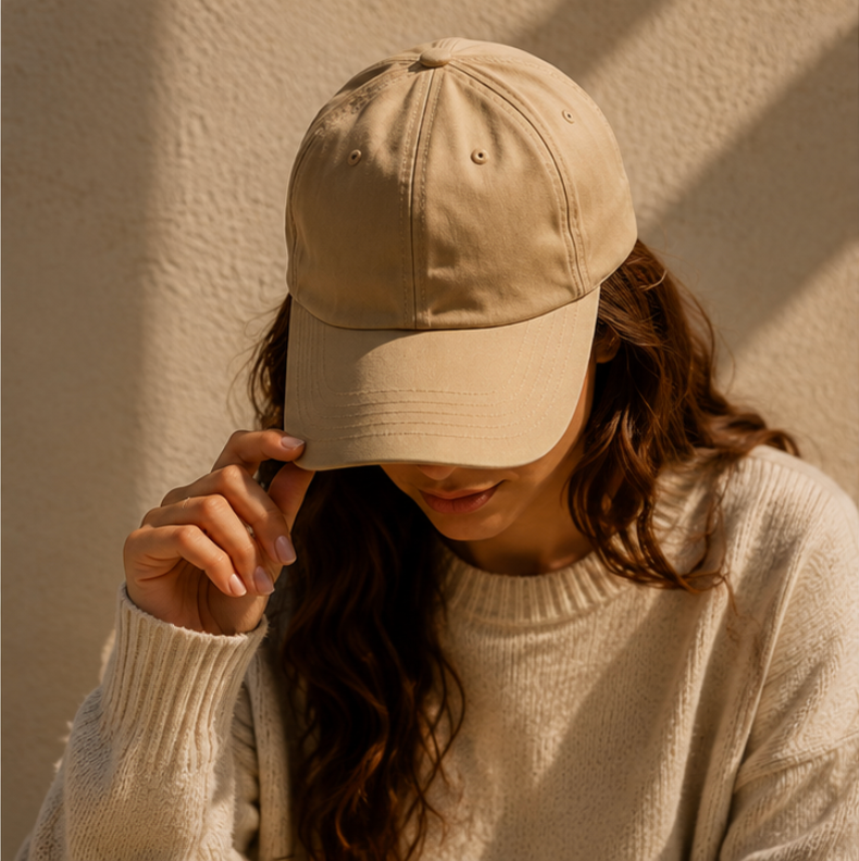 Woman wearing a beige cap and sweater against a textured wall.